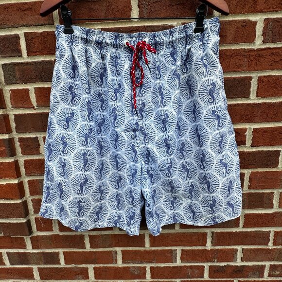 Nat Nast Swim Trunks Mens Large Blue White Seahorse AOP Print Preppy Resortwear - Picture 1 of 9
